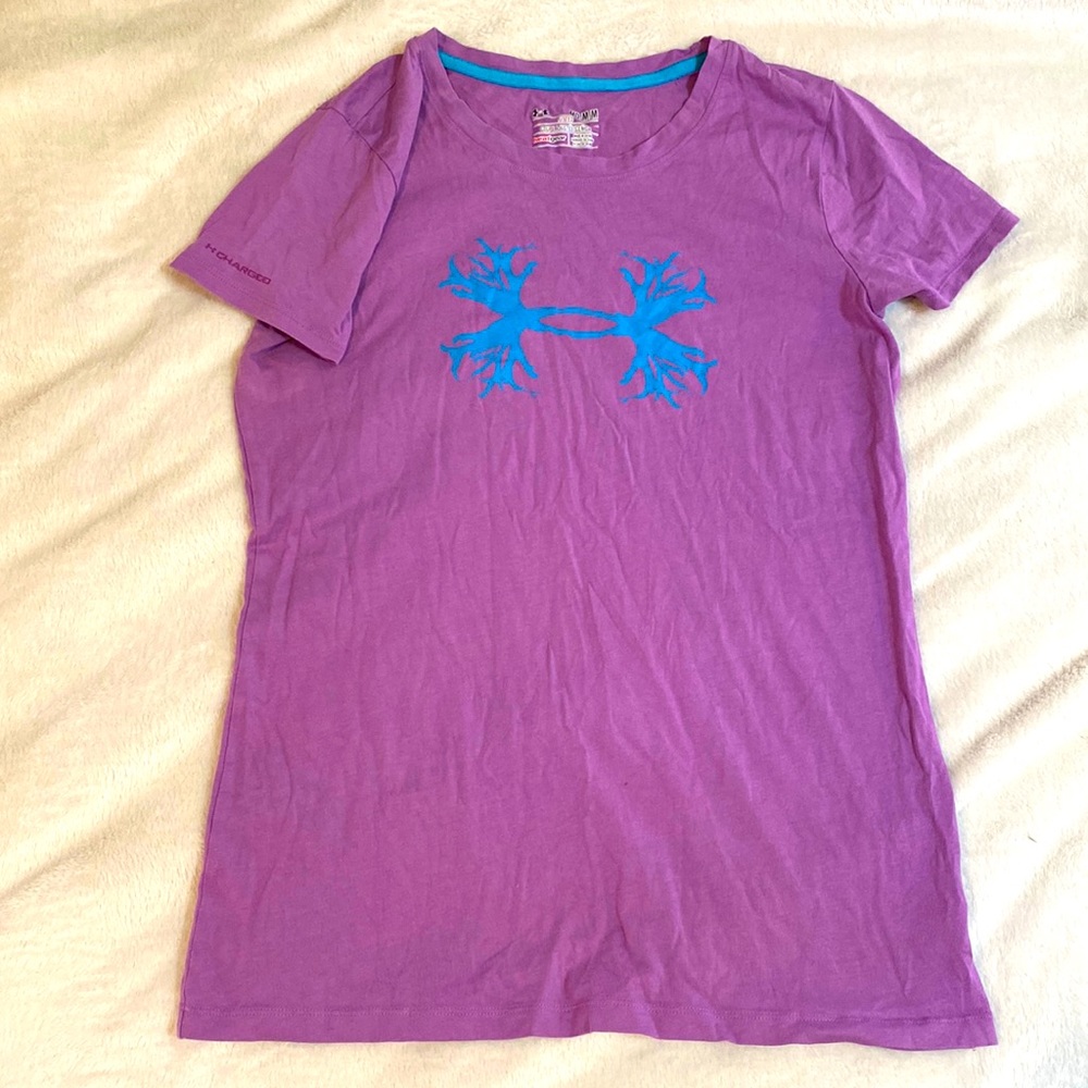 Under Armour Heat Gear Fitted Tee Shirt Purple with teal logo